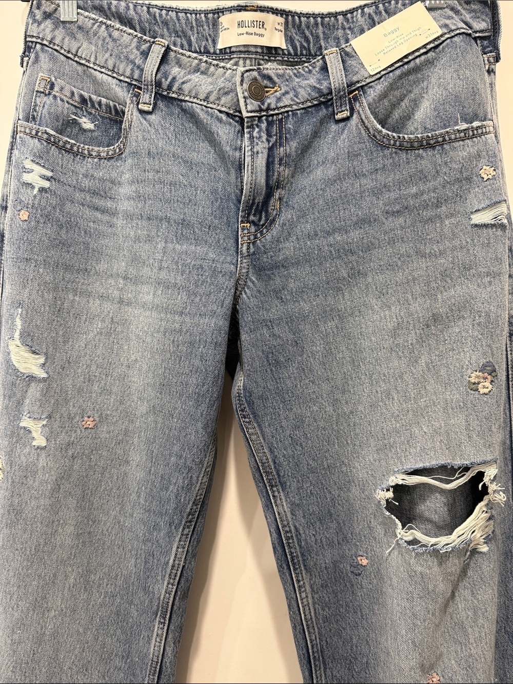 Hollister Light Blue Distressed Wide Leg Jeans with Floral Embroidery